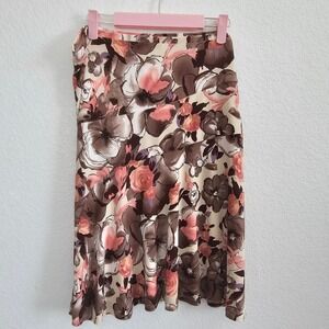 George Stretch Floral Mimosa Print Skirt Brown Tan Coral Large 12 14 GL161069